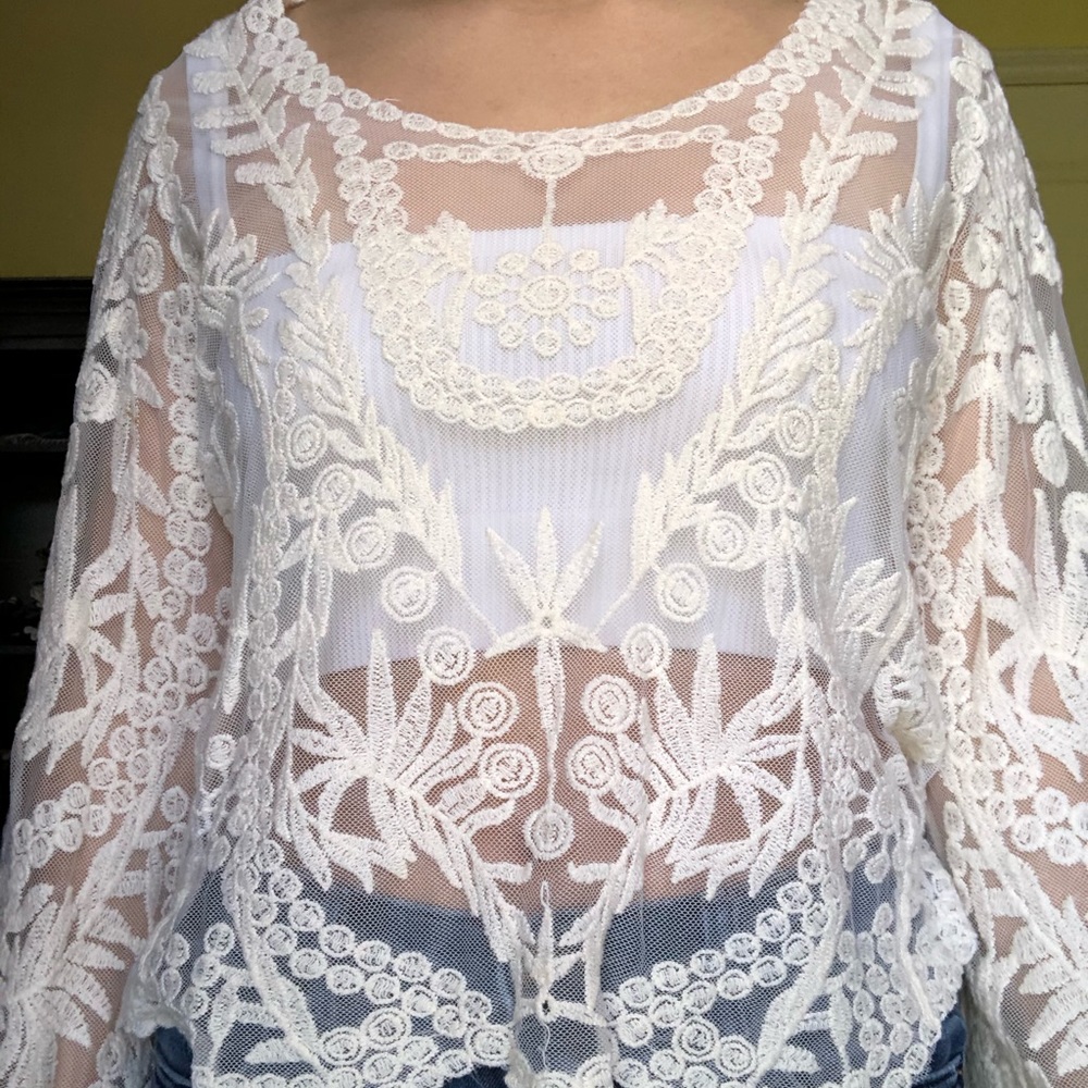 Elegant long sleeve lace, transparent top!🤍